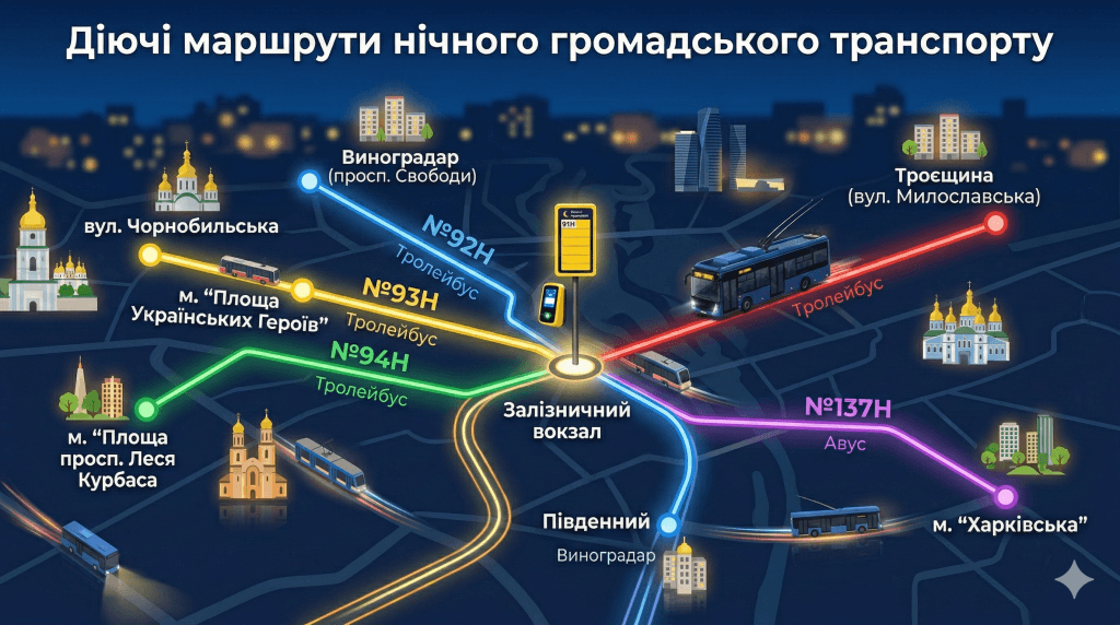 Діючі маршрути нічного громадського транспорту