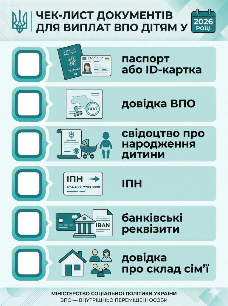 Перелік документів для оформлення виплат ВПО дітям у 2026 році — чекліст для батьків