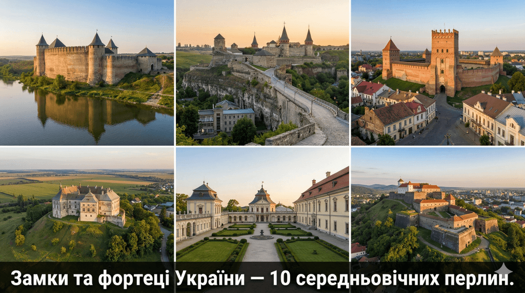 Фотоколаж замків і фортець України — Хотин, Кам'янець-Подільський, Луцьк, Олесько, Золочів, Паланок