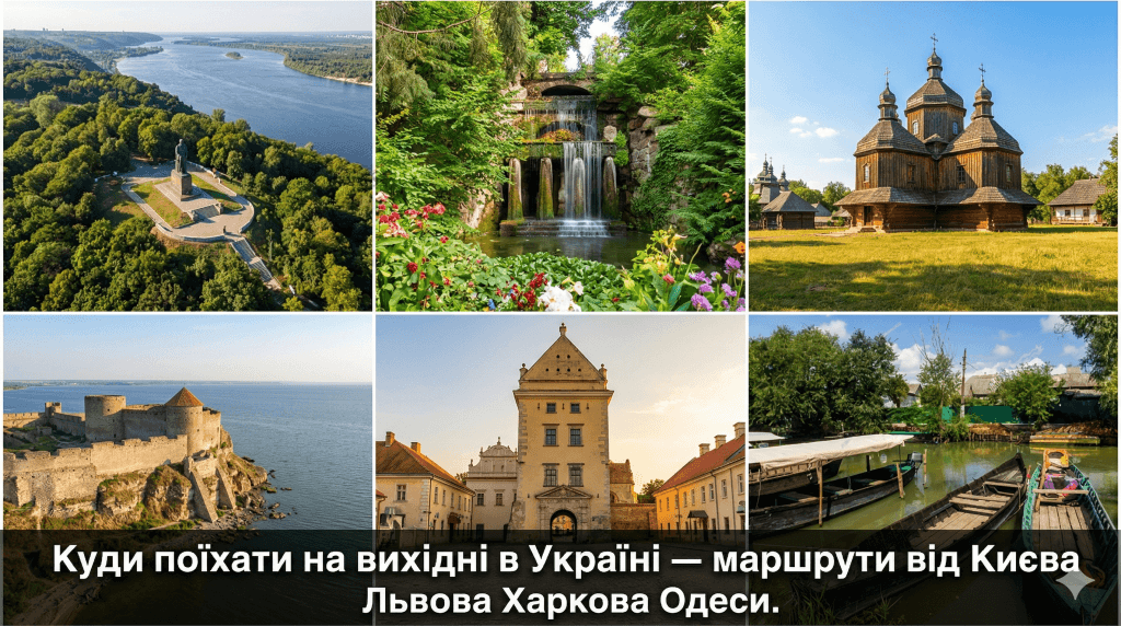 Фотоколаж локацій для відпочинку на вихідних в Україні — маршрути від Києва, Львова, Харкова та Одеси