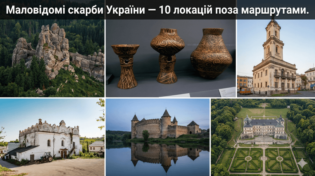 Фотоколаж маловідомих туристичних локацій України — Тустань, Трипілля, Бучач, Шаргород, Кременець, Підгірці