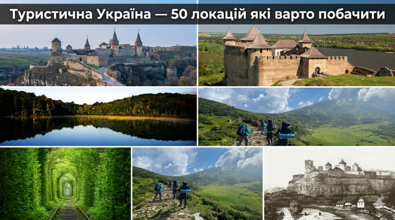 Фотоколаж найкрасивіших туристичних місць України — замки, озера, гори та природні пам'ятки