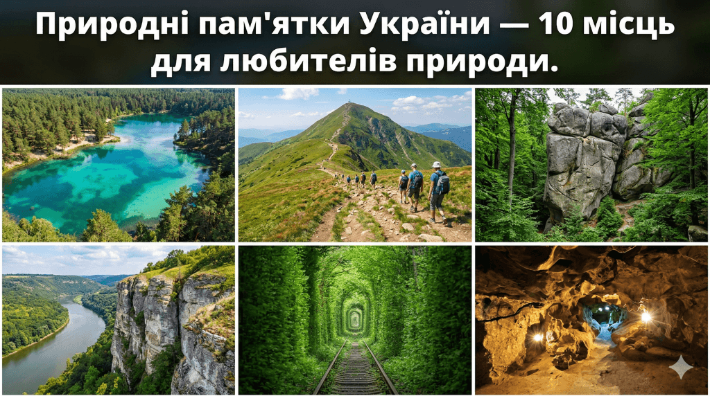 Фотоколаж природних пам'яток України — Шацькі озера, Говерла, Скелі Довбуша, Дністровський каньйон, Тунель кохання, Кришталева печера
