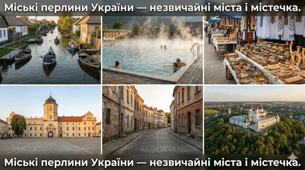 Фотоколаж унікальних міст і містечок України — Вилкове, Берегово, Косів, Жовква, Бережани, Путивль