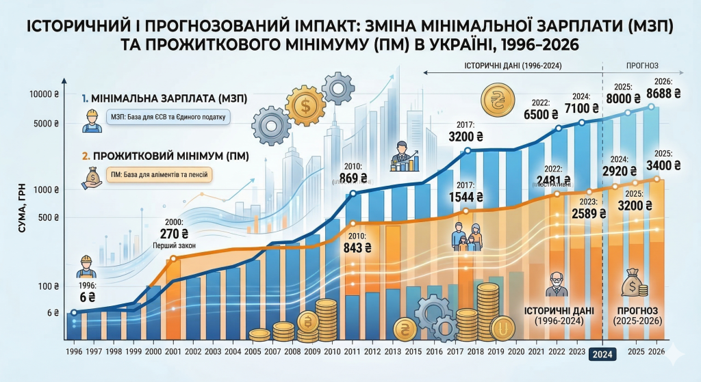 графік-інфографіка, що показує динаміку зміни Мінімальної заробітної плати (МЗП) та Прожиткового мінімуму (ПМ) в Україні з 1996 до 2026 року