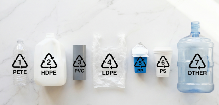 Таблиця маркування пластику: сім видів пластикових виробів із кодами переробки від 1 до 7 на білій поверхні