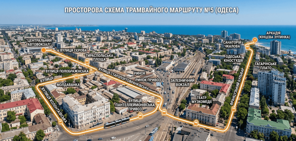 схема трамвайного маршрута №5 в городе Одесса