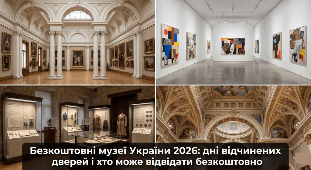 безкоштовні музеї України список 2026 — колаж інтер'єрів музеїв дні відчинених дверей головна