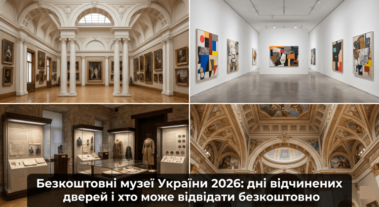 безкоштовні музеї України список 2026 — колаж інтер'єрів музеїв дні відчинених дверей головна