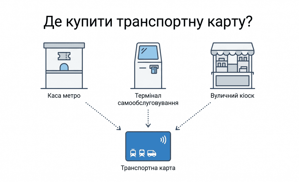 Інфографіка: три основні місця, де продаються смарт-картки для метро Києва (каси, термінали, кіоски).