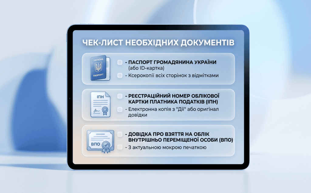 Список документів, необхідних ВПО для отримання пільгової транспортної картки у 2026 році.