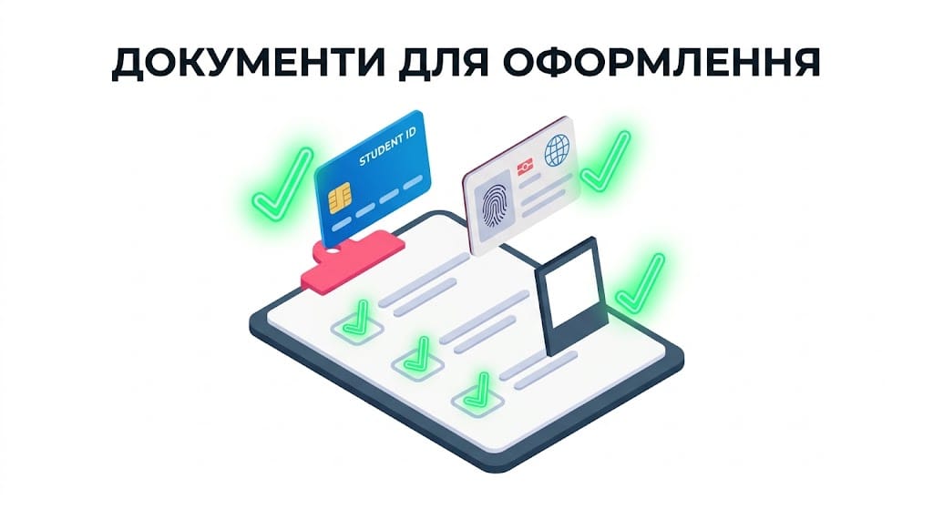Чек-лист із переліком необхідних документів для оформлення студентського проїзного: паспорт, студентський квиток та фотокартка.