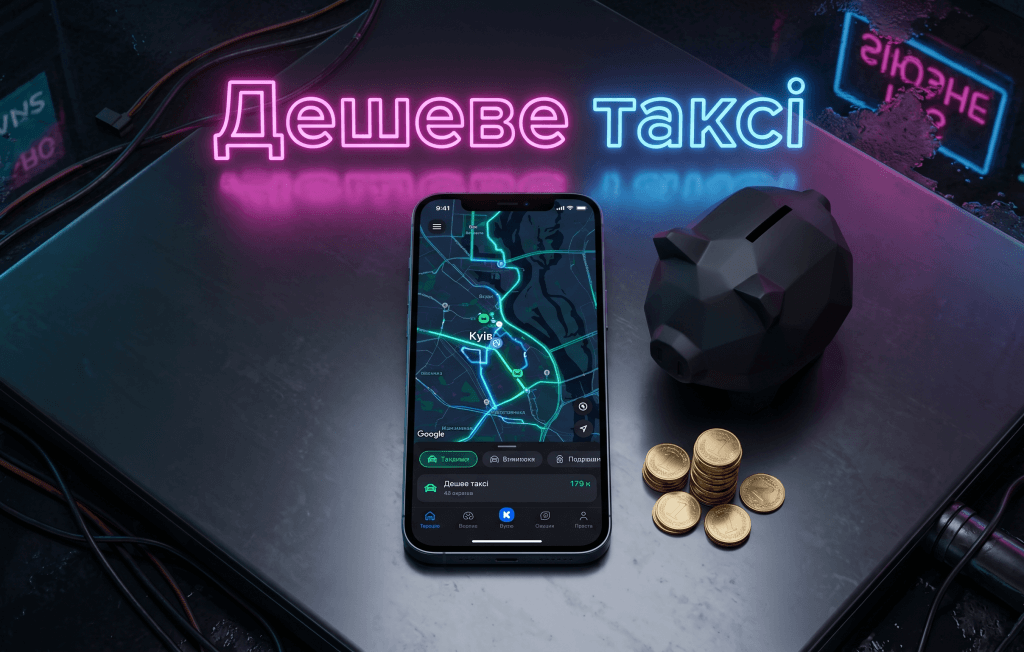 Ілюстрація, що показує смартфони з додатками таксі та порадами щодо економії на поїздках у Києві: порівняння цін, уникнення пікових годин, промокоди. Текст українською мовою. Без людей.