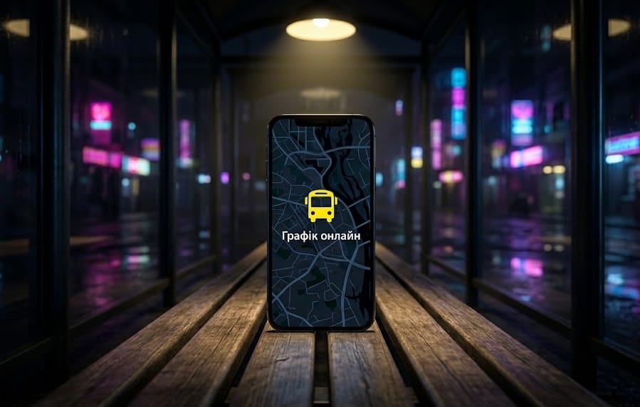 Графік руху нічних автобусів Львів – смартфон із відкритою картою маршрутів на порожній зупинці