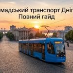 Сучасний синій трамвай на центральному проспекті Дніпра на фоні заходу сонця з написом Громадський транспорт Дніпра: Повний гайд.