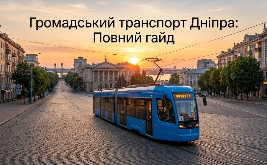 Сучасний синій трамвай на центральному проспекті Дніпра на фоні заходу сонця з написом Громадський транспорт Дніпра: Повний гайд.