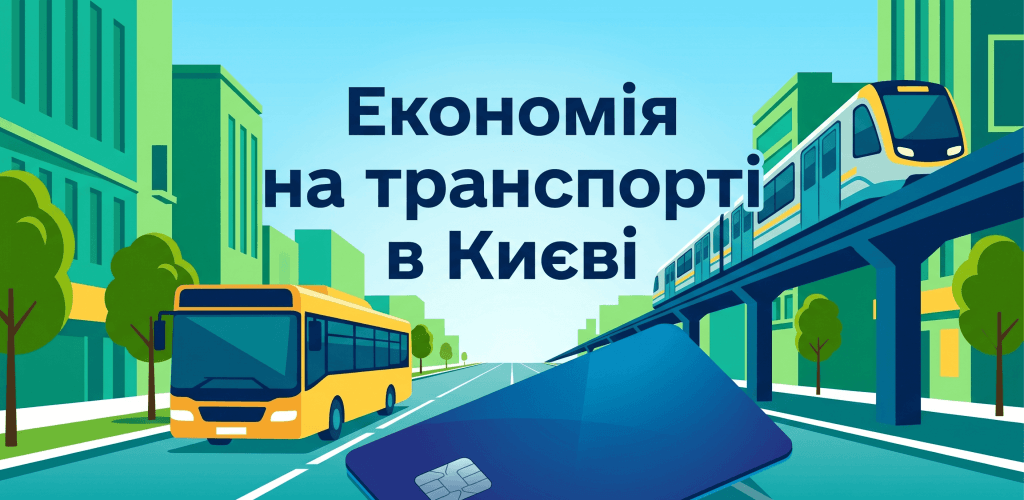 Головне зображення для статті про економію на транспорті в Києві, що зображує стилізований міський пейзаж, види транспорту та транспортну картку з текстом українською мовою.
