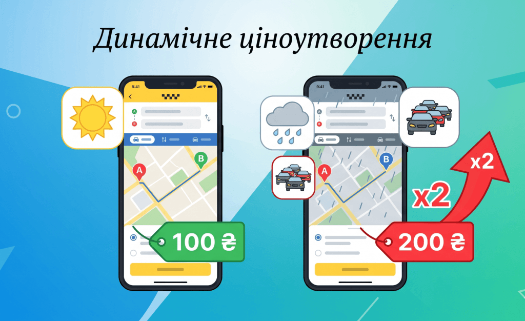 Інфографіка впливу годин пік та погодних умов на підвищення тарифів служб таксі у Києві.