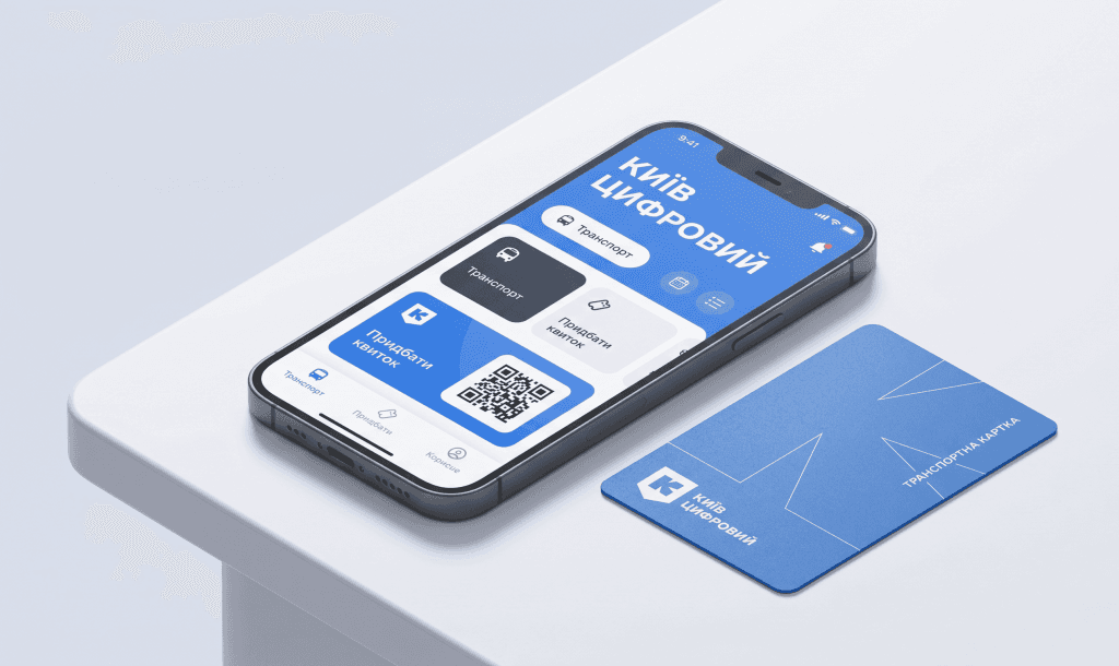 Зображення, що показує транспортну картку "Київ Цифровий" поруч із смартфоном, на екрані якого відображено додаток для економії на поїздках. Текст українською мовою.