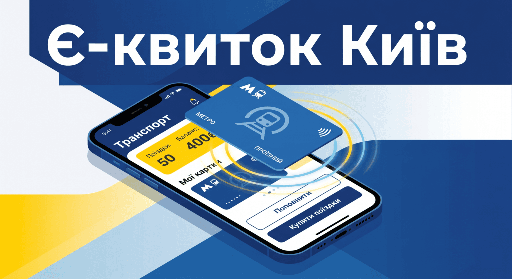 Головне зображення: синя транспортна карта є-квиток для метро Києва поруч зі смартфоном та логотипом підземки.