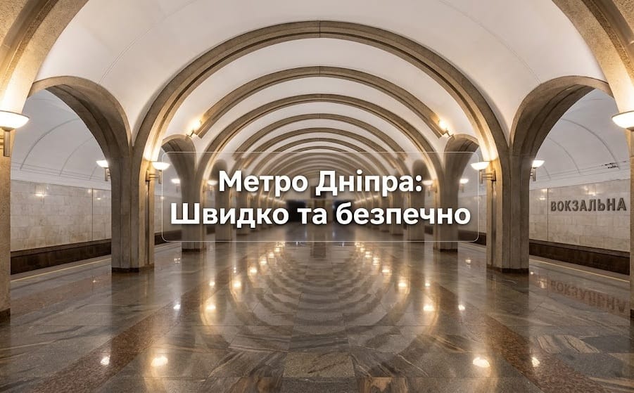Станція метро Дніпра без пасажирів з інформаційним написом про швидкість та безпеку пересування.