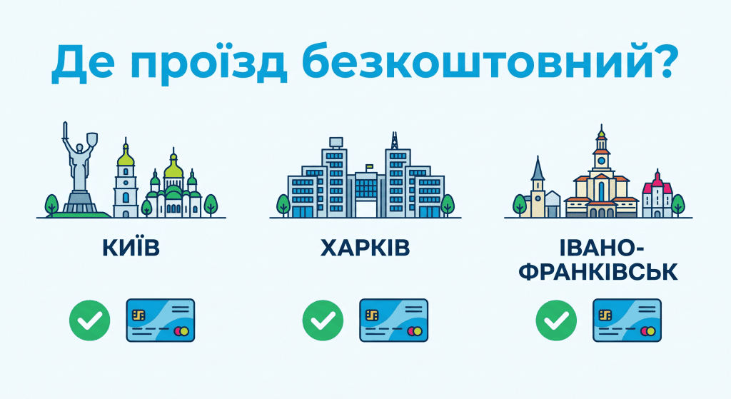 Порівняльна інфографіка міст України з найкращими умовами безкоштовного проїзду для переселенців.