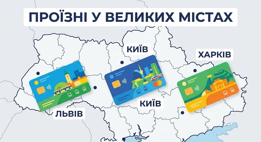 Інфографіка електронних транспортних карток для проїзду студентів у різних великих містах України: Київ, Львів, Харків.