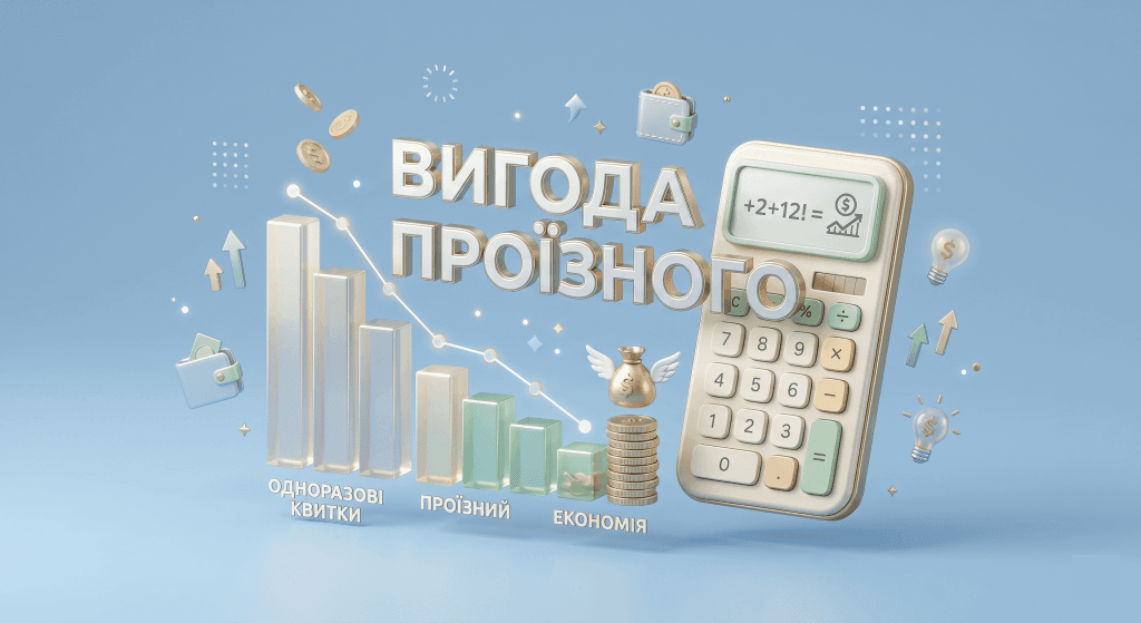 Інфографіка, що порівнює вигоду різних типів місячних проїзних квитків у Києві за кількістю поїздок. Текст українською мовою.