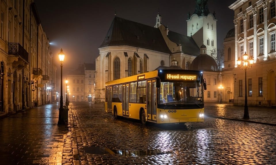 Нічний транспорт Львів після 22:00 – сучасний жовтий автобус на порожній брукованій вулиці нічного міста