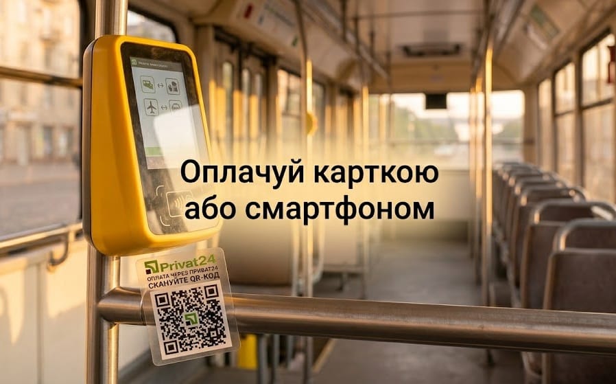 Жовтий валідатор та QR-код для оплати проїзду в електротранспорті Дніпра з текстом про безконтактну оплату.