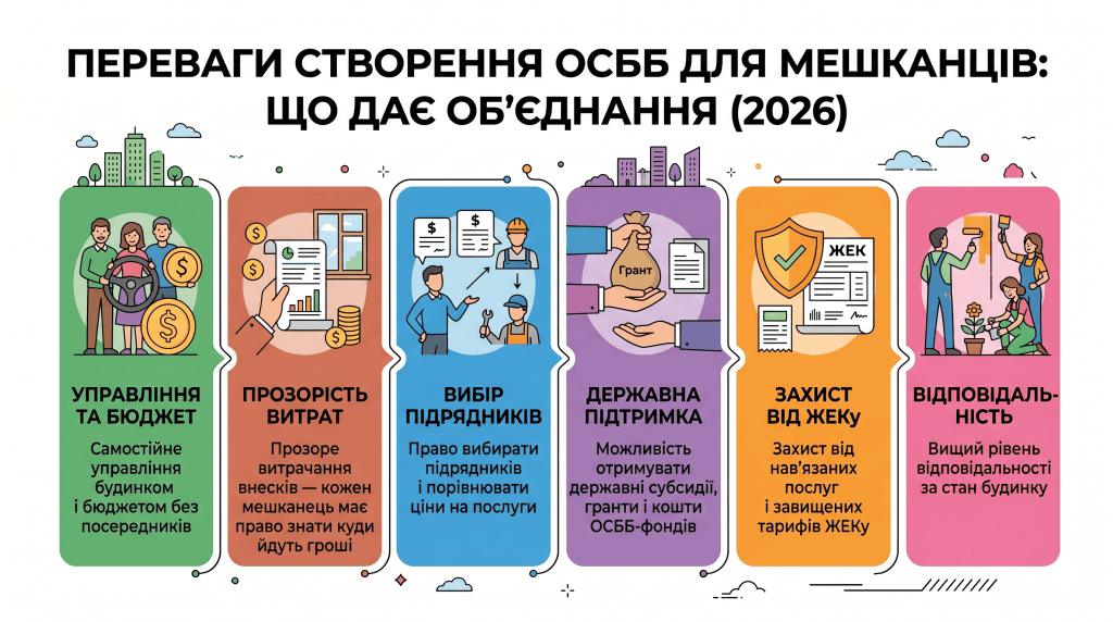 Кольорова інфографіка, що ілюструє 6 головних переваг створення ОСББ для мешканців: самостійне управління бюджетом, прозорість витрат, право вибору підрядників, доступ до державних грантів та субсидій, захист від завищених тарифів ЖЕКу та підвищення відповідальності за спільне майно.