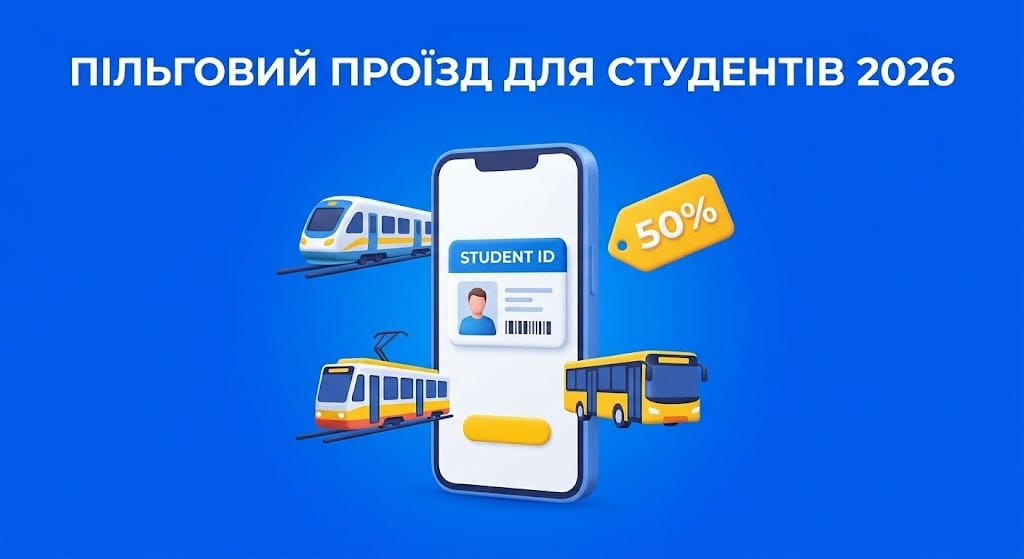 Головне зображення: інфографіка зі смартфоном, електронним студентським квитком та іконками транспорту, що символізує пільговий проїзд для студентів у 2026 році.