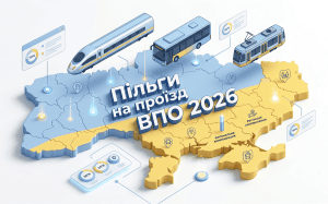 Обкладинка статті про пільги на проїзд для внутрішньо переміщених осіб в Україні у 2026 році з іконками транспорту.