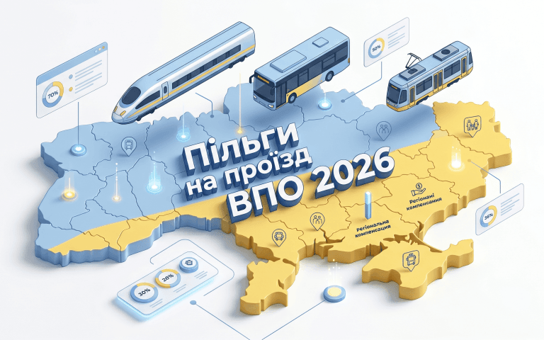 Обкладинка статті про пільги на проїзд для внутрішньо переміщених осіб в Україні у 2026 році з іконками транспорту.