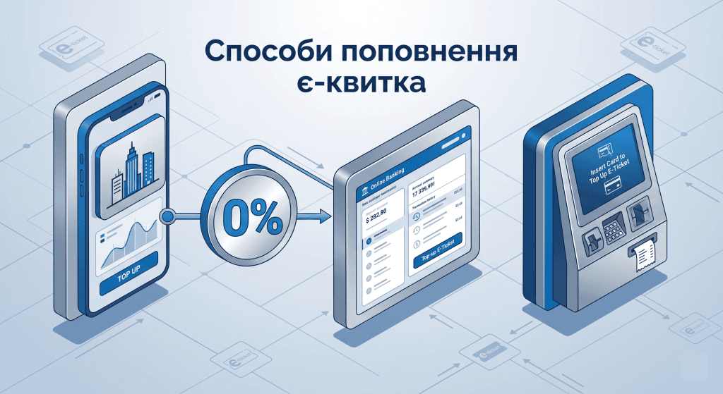 Блок-схема способів поповнення є-квитка у Києві: онлайн-додаток, мобільний банкінг та офлайн-термінали.
