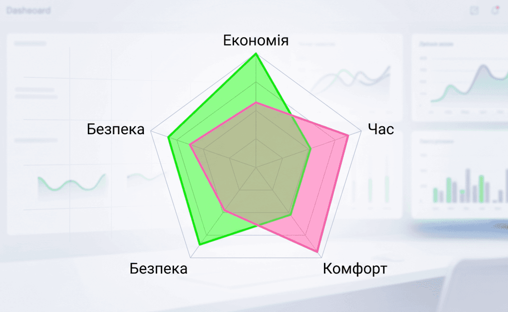 Радіальна діаграма порівняння нефінансових критеріїв: комфорту, швидкості та безпеки метрополітену проти таксі.