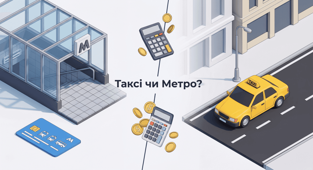 Головне зображення: ілюстрація порівняння витрат на таксі та метрополітен у Києві.