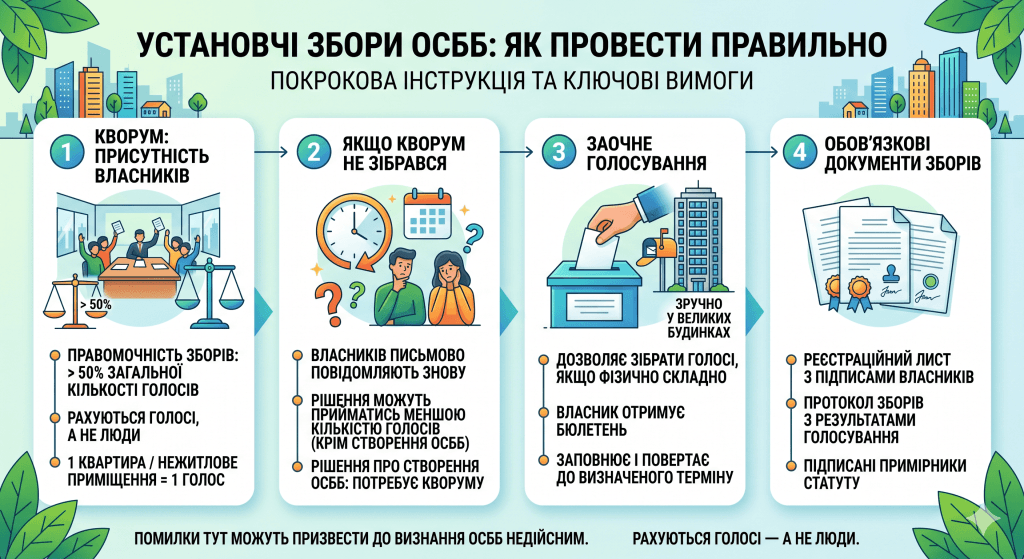 Детальна українська інфографіка-покрокова інструкція «Установчі збори ОСББ: як провести правильно».