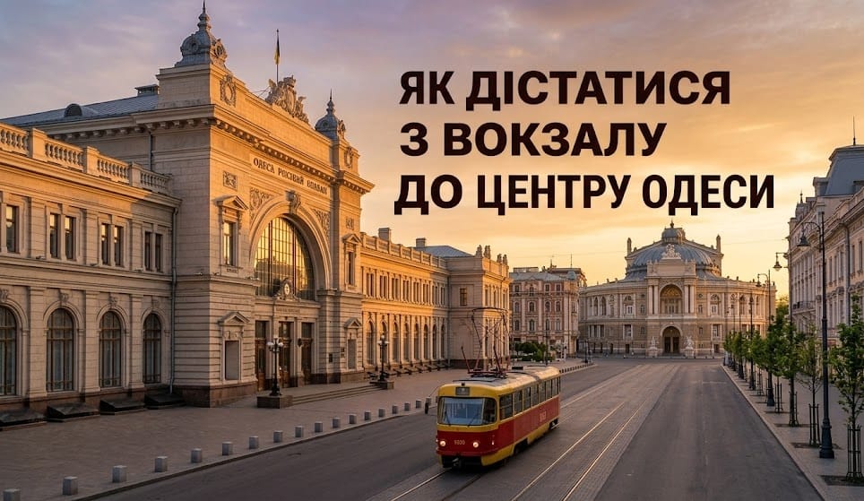 Колаж із залізничним вокзалом Одеси та Оперним театром із написом про транспорт.
