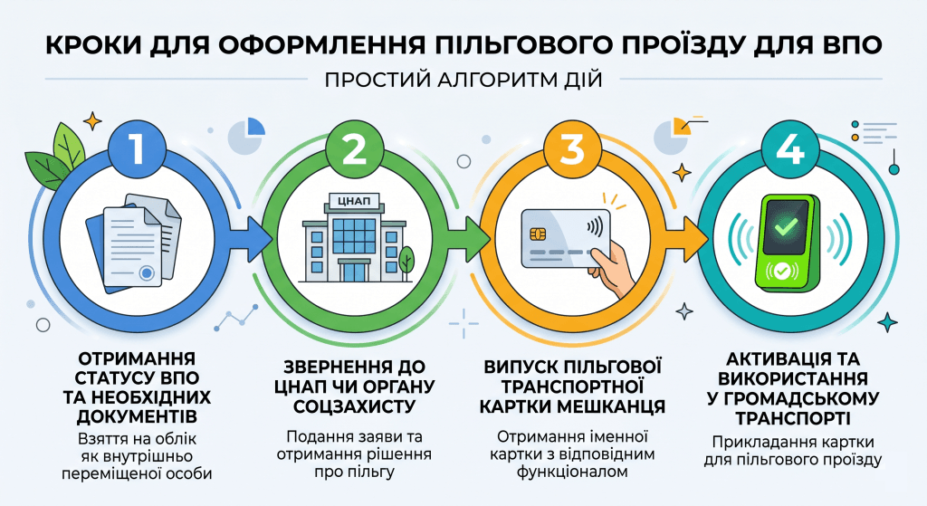 Схема-інструкція з 4 кроків для оформлення безкоштовного проїзду переселенцям.