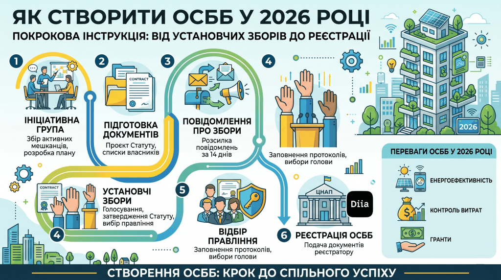 Інфографіка з покроковим алгоритмом створення ОСББ у 2026 році: від формування ініціативної групи та підготовки документів до проведення установчих зборів і державної реєстрації. Також наведені переваги ОСББ, такі як енергоефективність та контроль витрат.