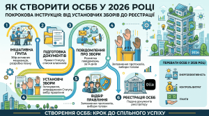 Інфографіка з покроковим алгоритмом створення ОСББ у 2026 році: від формування ініціативної групи та підготовки документів до проведення установчих зборів і державної реєстрації. Також наведені переваги ОСББ, такі як енергоефективність та контроль витрат.