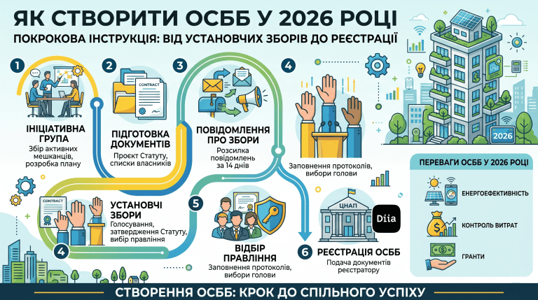 Інфографіка з покроковим алгоритмом створення ОСББ у 2026 році: від формування ініціативної групи та підготовки документів до проведення установчих зборів і державної реєстрації. Також наведені переваги ОСББ, такі як енергоефективність та контроль витрат.