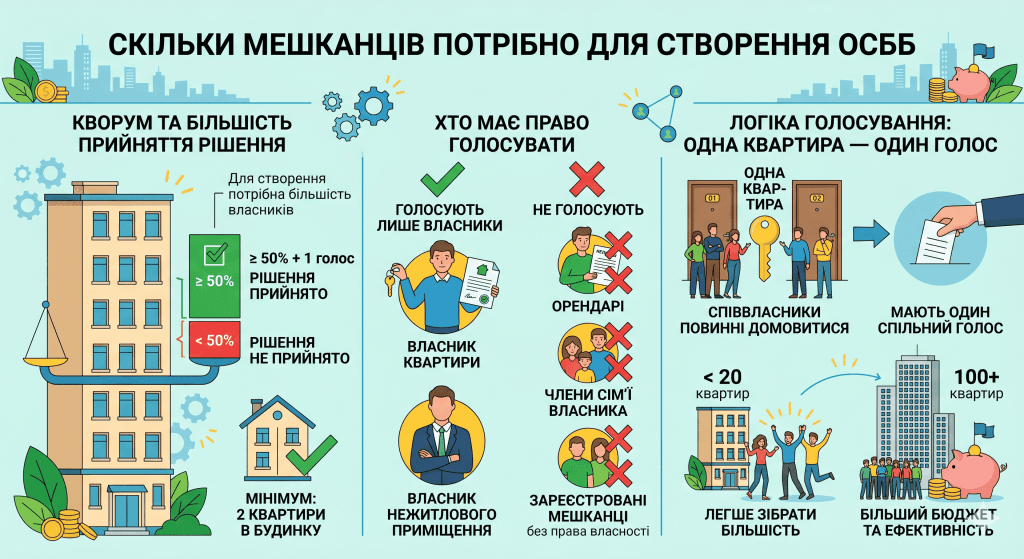 Детальна українська інфографіка про вимоги та процес створення ОСББ. Вона пояснює кворум для прийняття рішення (>50%+1 голос), хто має право голосувати (лише власники квартир та приміщень), принцип голосування "одна квартира — один голос" та порівнює переваги та складнощі створення ОСББ у малих та великих будинках. Також зазначено мінімум у 2 квартири для створення об'єднання.