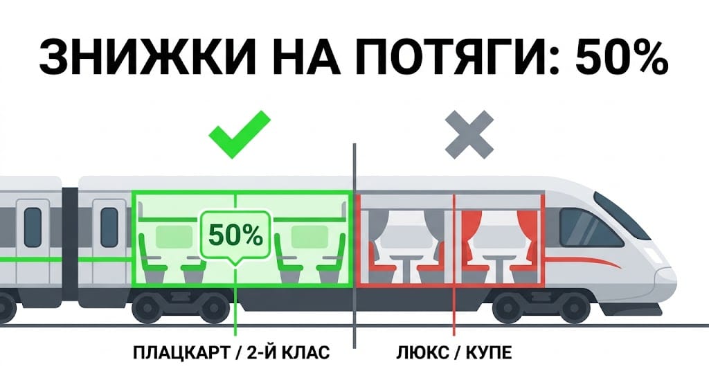 Інфографіка: розподіл знижки 50% на залізничні квитки Укрзалізниці для студентів залежно від типу вагона (плацкарт, Інтерсіті).