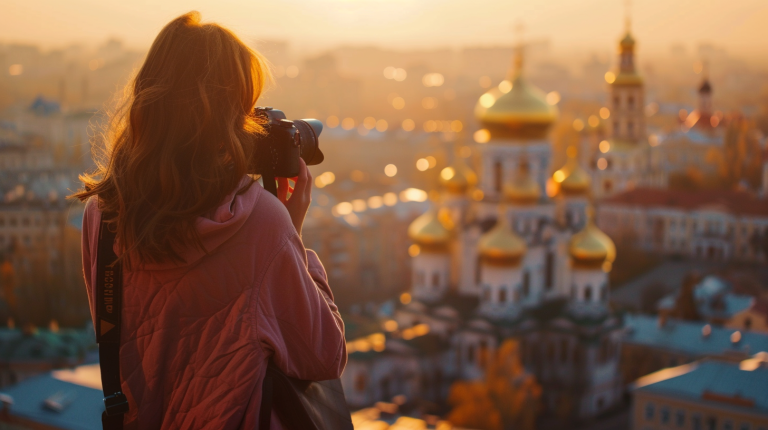 Дівчина-фотограф знімає панораму українського міста під час "золотої години" на заході сонця.