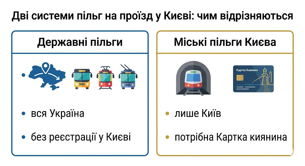 пільги на проїзд у Києві 2026 список категорій — державні і міські дві системи різниця