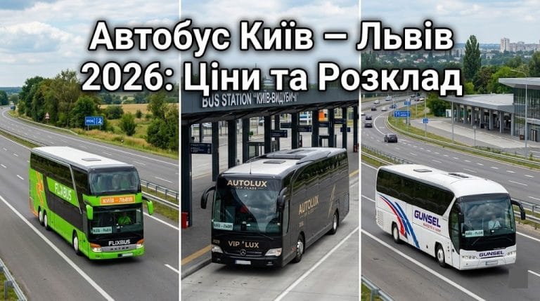 Автобус Київ-Львів 2026: колаж сучасних автобусів FlixBus, Автолюкс та Гюнсел для поїздки зі столиці на Західну Україну.