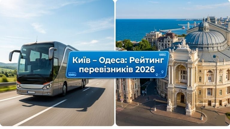 Колаж із сучасними автобусами на трасі Київ-Одеса з текстом про рейтинг перевізників 2026 року.
