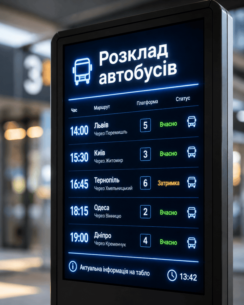 Електронне табло з актуальним розкладом автобусів з Перемишля.